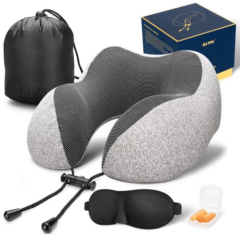 MLVOC Travel Pillow 100% Pure Memory Foam Neck Pillow, Comfortable & Breathable Cover, Machine Washable, Airplane Travel Kit with 3D Sleep Mask, Earplugs, and Luxury Bag,Standard (Grey) - Image 1
